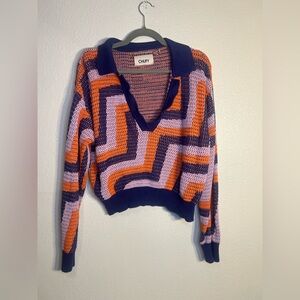 CHUFY polo knit loose knit cotton cropped v neck  sweater